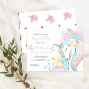 Invitation Aquarelle Unicorn Jour magique Fille Anniversaire