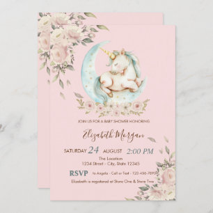 Invitation Aquarelle Unicorn Lune Baby shower floral