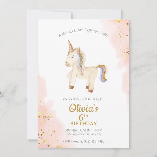 Invitation Aquarelle Unicorn pastel or parties scintillant An (Devant)