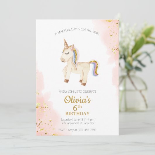 Invitation Aquarelle Unicorn pastel or parties scintillant An (Debout devant)