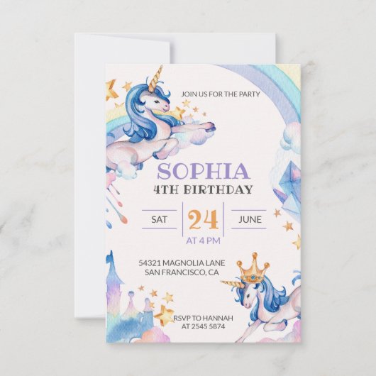 Invitation Aquarelle Unicorne Anniversaire (Devant)