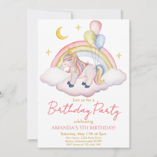 Invitation Aquarelle Unicorne arc-en-ciel anniversaire (Devant)