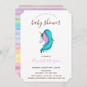 Invitation Aquarelle Unicorne Baby shower rayé