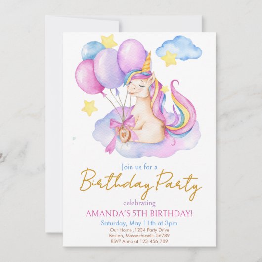 Invitation Aquarelle Unicorne ballons anniversaire (Devant)