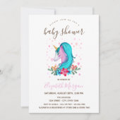 Invitation Aquarelle Unicorne Fleurs Baby shower rayé (Devant)