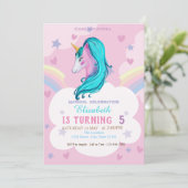 Invitation Aquarelle Unicorne Rainbow Stars Coeurs Anniversai (Debout devant)