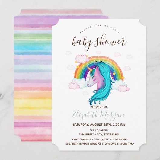 Invitation Aquarelle Unicorne Rainbow Stripes Baby shower (Devant / Derrière)