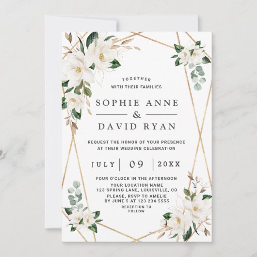 Invitation Aquarelle unique blanc Magnolia Mariage or (Devant)