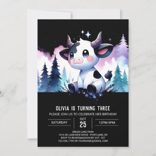 Invitation Aquarelle Vache numérique anniversaire (Devant)