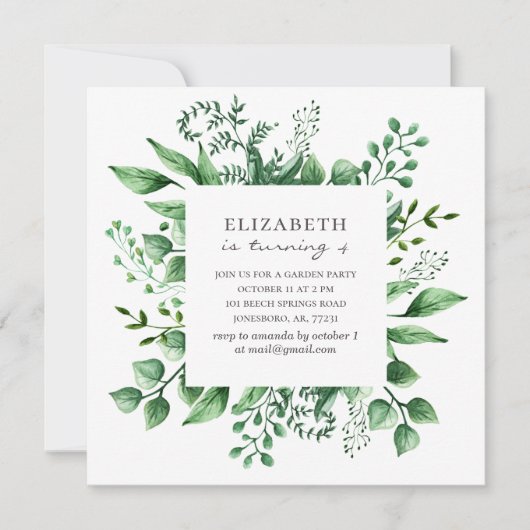 Invitation Aquarelle végétale botanique. Anniversaire de enfa (Devant)