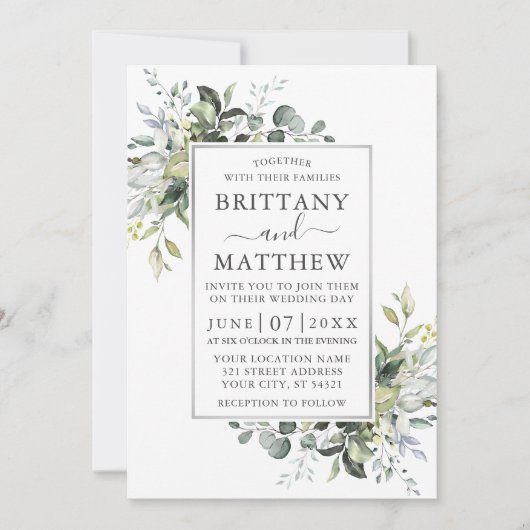 Invitation Aquarelle Verdure Argent Frame Dusty Blue (Devant)