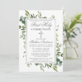 Invitation Aquarelle Verdure Argent Première communion (Debout devant)