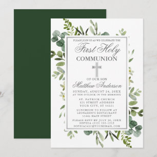 Invitation Aquarelle Verdure Argent Première communion