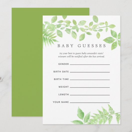Invitation Aquarelle Verdure Baby shower Baby Guesses (Devant / Derrière)