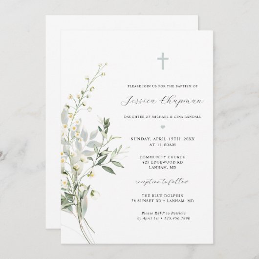 Invitation Aquarelle Verdure Baptême (Devant / Derrière)