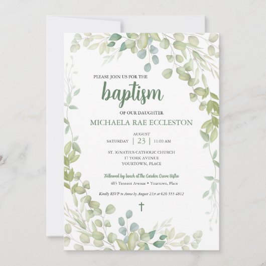 Invitation Aquarelle Verdure Baptême bébé (Devant)