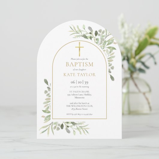 Invitation Aquarelle Verdure Baptême Christening Arc Or (Debout devant)