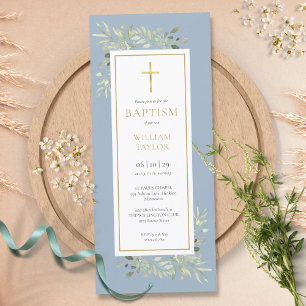Invitation Aquarelle Verdure Baptême Christening Bleu Poussié