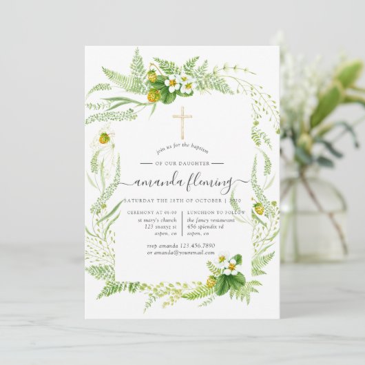 Invitation Aquarelle Verdure Baptême ou baptême (Debout devant)