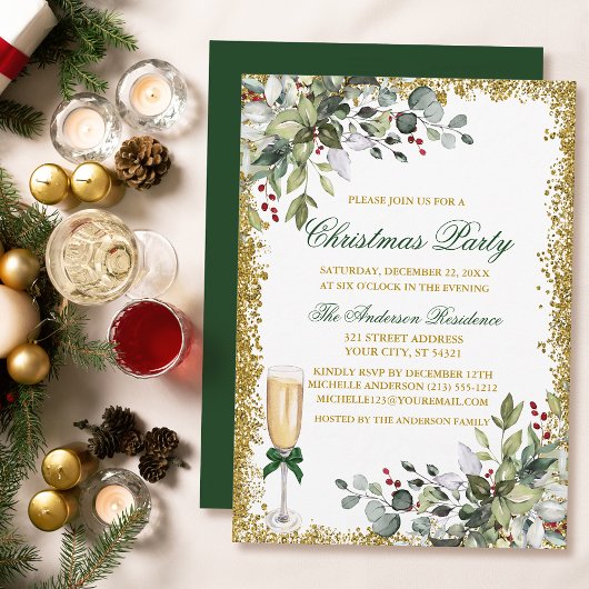 Invitation Aquarelle Verdure Berries Gold Christmas Party