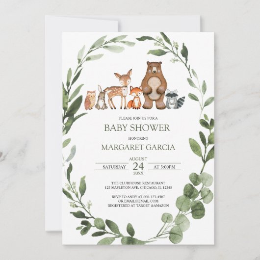 Invitation Aquarelle Verdure Bois Animaux Baby shower I (Devant)
