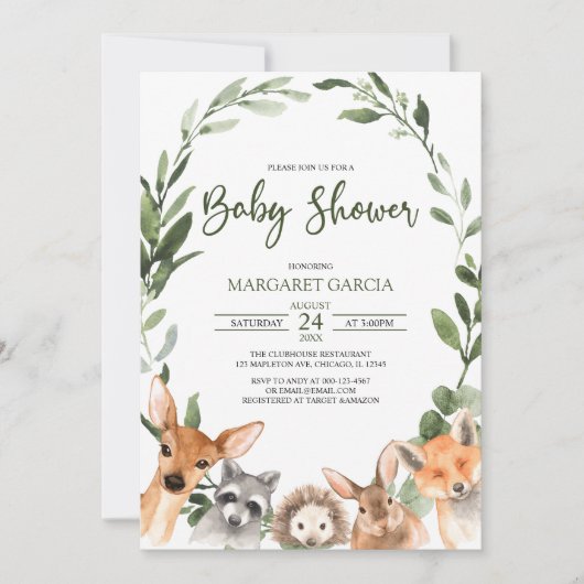 Invitation Aquarelle Verdure Bois Baby shower Animaux (Devant)