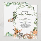 Invitation Aquarelle Verdure Bois Baby shower Animaux (Devant / Derrière)