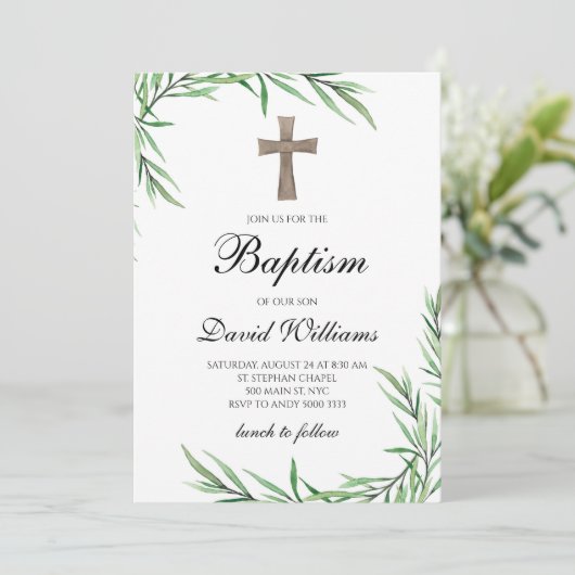 Invitation Aquarelle Verdure Boy Baptême Boy Boy (Debout devant)