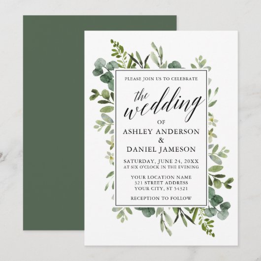 Invitation Aquarelle Verdure Calligraphie Mariage d'âge (Devant / Derrière)