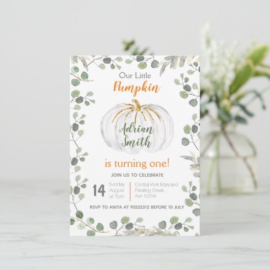 Invitation Aquarelle Verdure Citrouille 1er anniversaire (Debout devant)