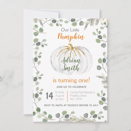 Invitation Aquarelle Verdure Citrouille 1er anniversaire (Devant)