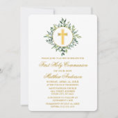 Invitation Aquarelle Verdure Croix d'or Première communion (Devant)