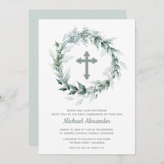 Invitation Aquarelle Verdure Croix Première communion (Devant / Derrière)