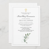 Invitation Aquarelle Verdure Croix première communion sainte (Devant / Derrière)