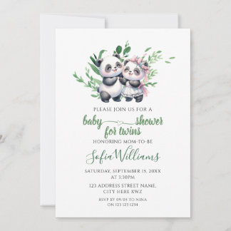 Invitation Aquarelle Verdure Cute Panda Twins Baby Girl Boy