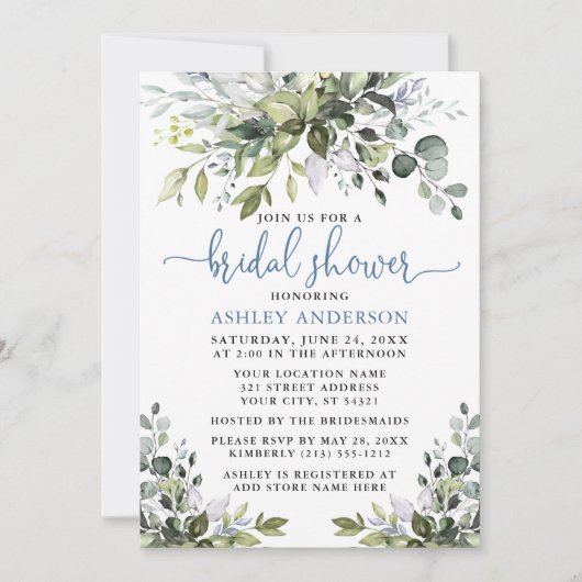 Invitation Aquarelle Verdure Douche bleu foncé Script (Devant)