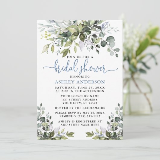 Invitation Aquarelle Verdure Douche bleu foncé Script (Debout devant)