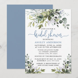 Invitation Aquarelle Verdure Douche bleu foncé Script