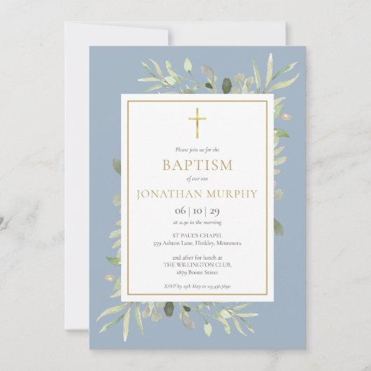 Invitation Aquarelle Verdure Dusty Blue Boy Baptême (Devant)