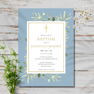Invitation Aquarelle Verdure Dusty Blue Boy Baptême