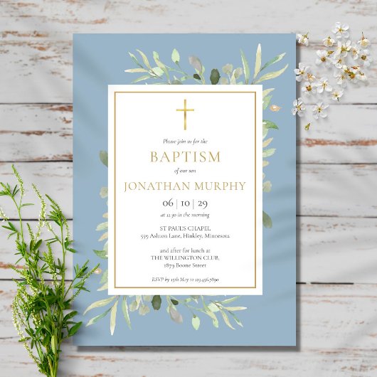 Invitation Aquarelle Verdure Dusty Blue Boy Baptême
