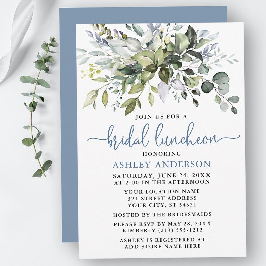 Invitation Aquarelle Verdure Dusty Blue Bridal Luncheon