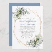Invitation Aquarelle Verdure Dusty Blue Geo Mariage cadre (Devant / Derrière)