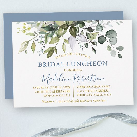 Invitation Aquarelle Verdure Dusty Blue Gold Bridal Lunch