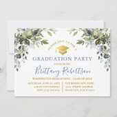 Invitation Aquarelle Verdure Dusty Blue Gold Grad Party (Devant)