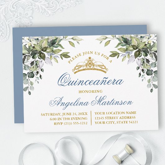 Invitation Aquarelle Verdure Dusty Blue Quinceanera Party