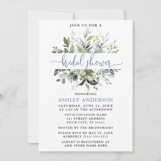 Invitation Aquarelle Verdure Dusty Blue Script Douche (Devant)