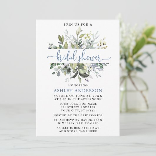 Invitation Aquarelle Verdure Dusty Blue Script Douche (Debout devant)