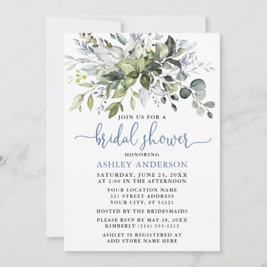 Invitation Aquarelle Verdure Dusty Blue Script Douche (Devant)