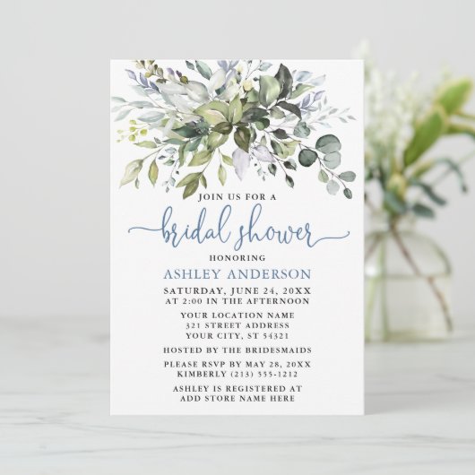 Invitation Aquarelle Verdure Dusty Blue Script Douche (Debout devant)